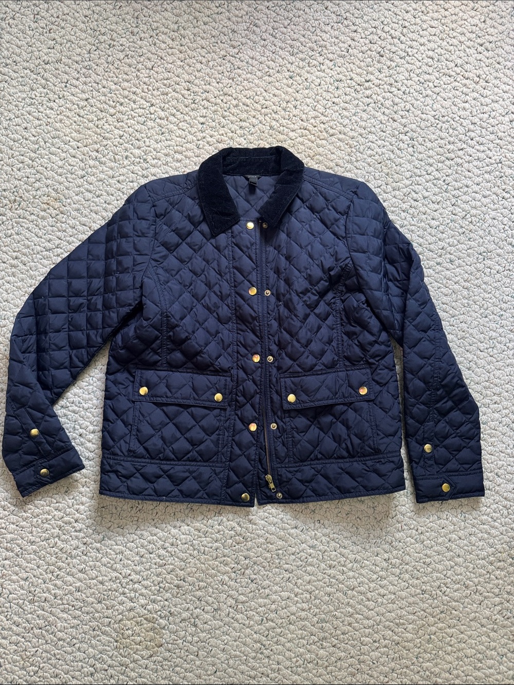 J. Crew Navy Quilted Puffer Jacket with Corduroy Collar